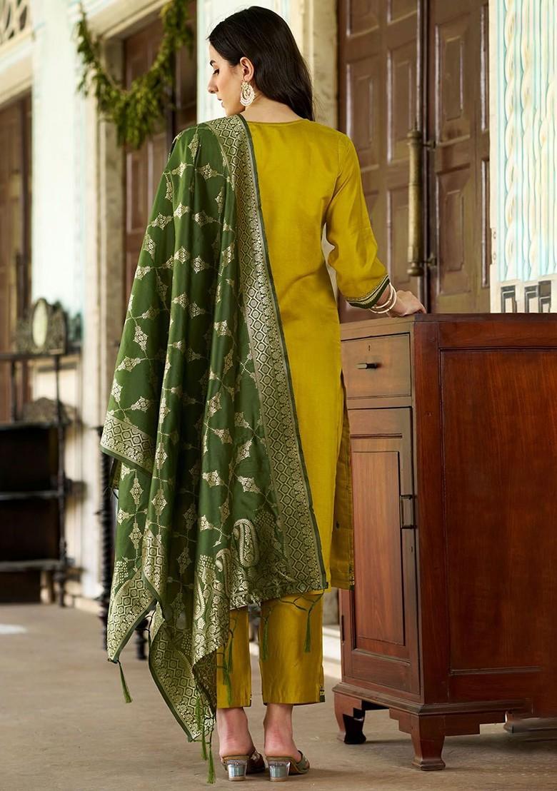 Yellow Floral Embroidered Poly Blend Kurta Set