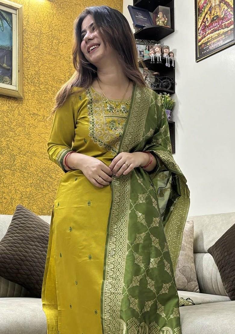 Yellow Zari Embroidered Poly Blend Kurta Set