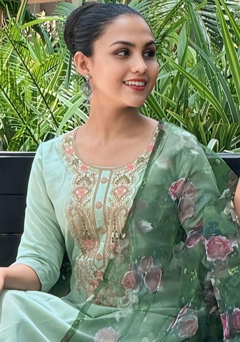 Green Ethnic Motifs Embroidery Poly Blend Kurta Set