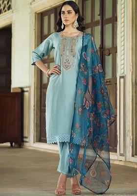 Blue Floral Embroidered Poly Blend Kurta Set