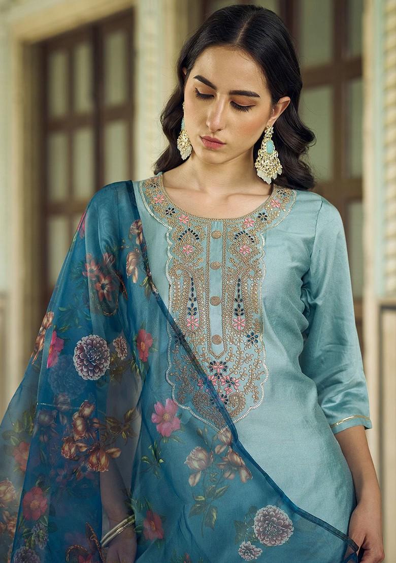 Blue Floral Embroidered Poly Blend Kurta Set