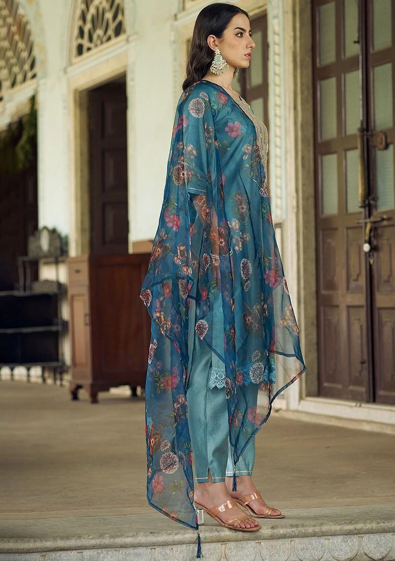 Blue Floral Embroidered Poly Blend Kurta Set