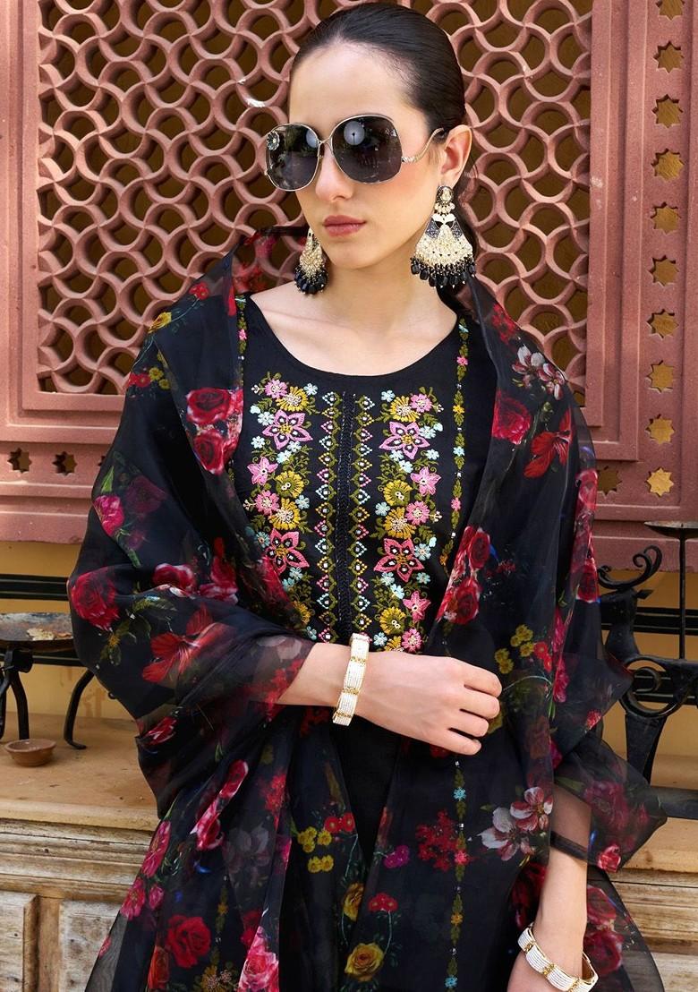 Black Floral Embroidered Poly Blend Kurta Set