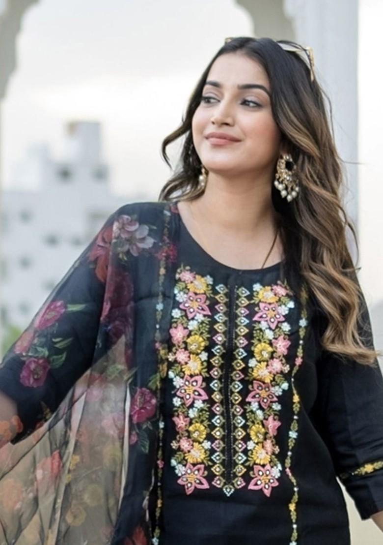 Black Floral Embroidered Poly Blend Kurta Set