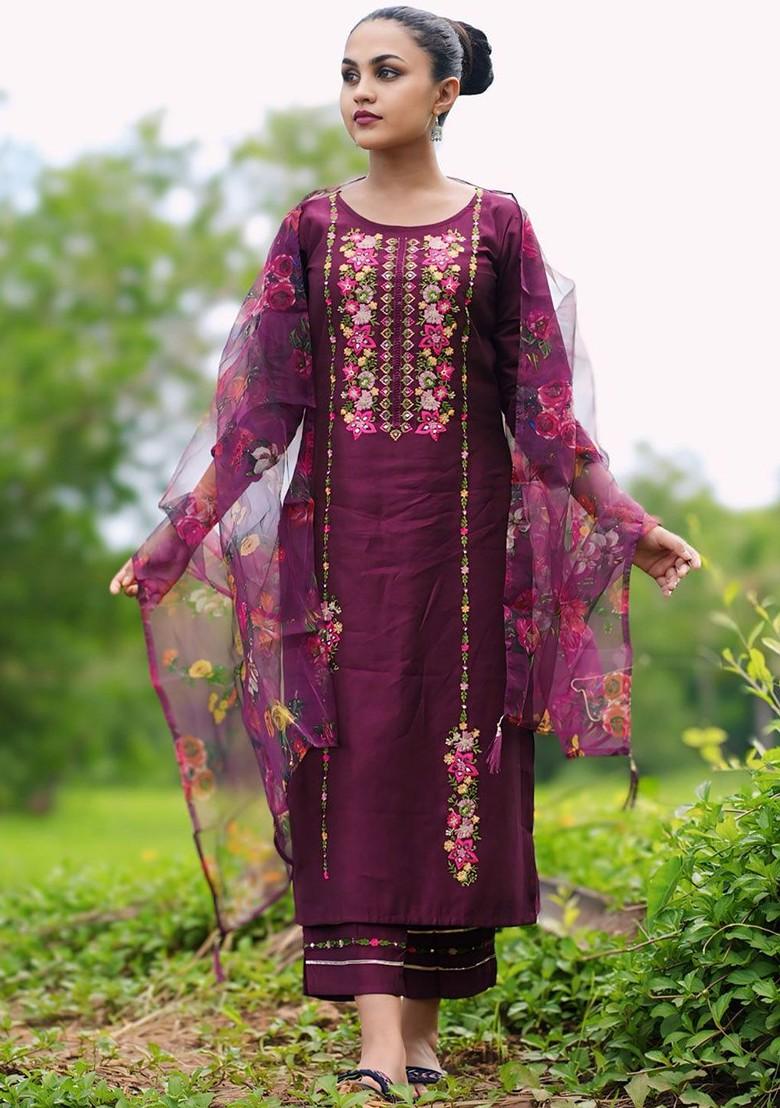 Purple Floral Embroidered Poly Blend Kurta Set