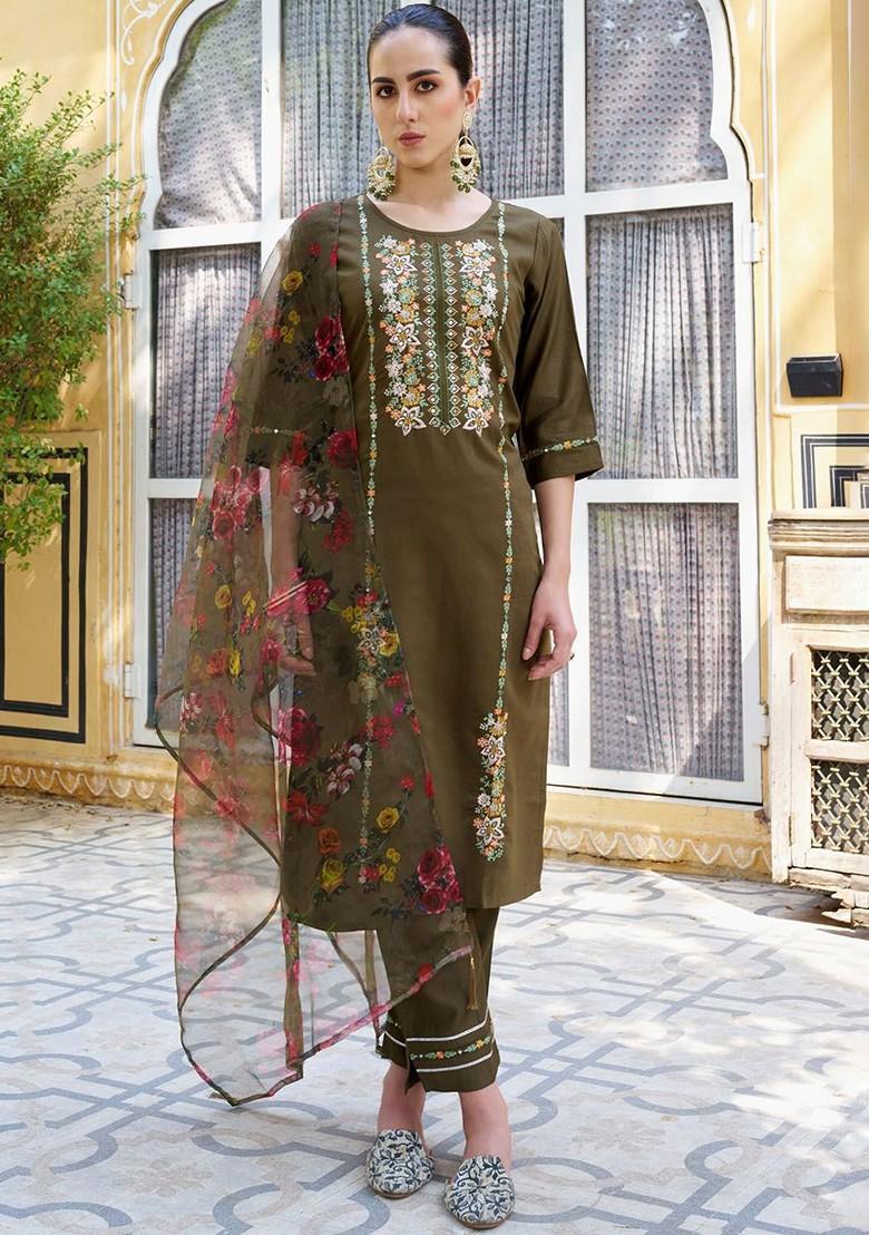 Green Floral Embroidered Poly Blend Kurta Set