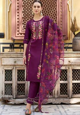 Purple Floral Embroidered Poly Blend Kurta Set