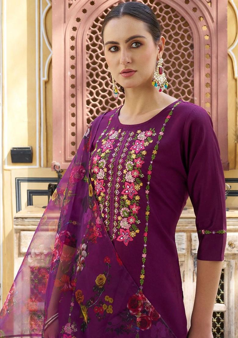Purple Floral Embroidered Poly Blend Kurta Set