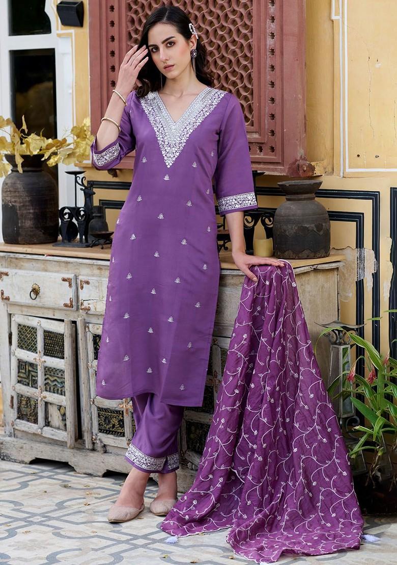 Purple Floral Embroidered Poly Blend Kurta Set