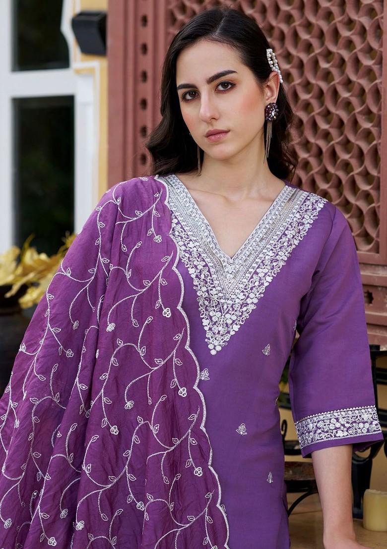 Purple Floral Embroidered Poly Blend Kurta Set