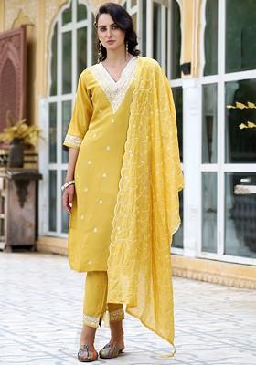 Yellow Floral Embroidered Poly Blend Kurta Set