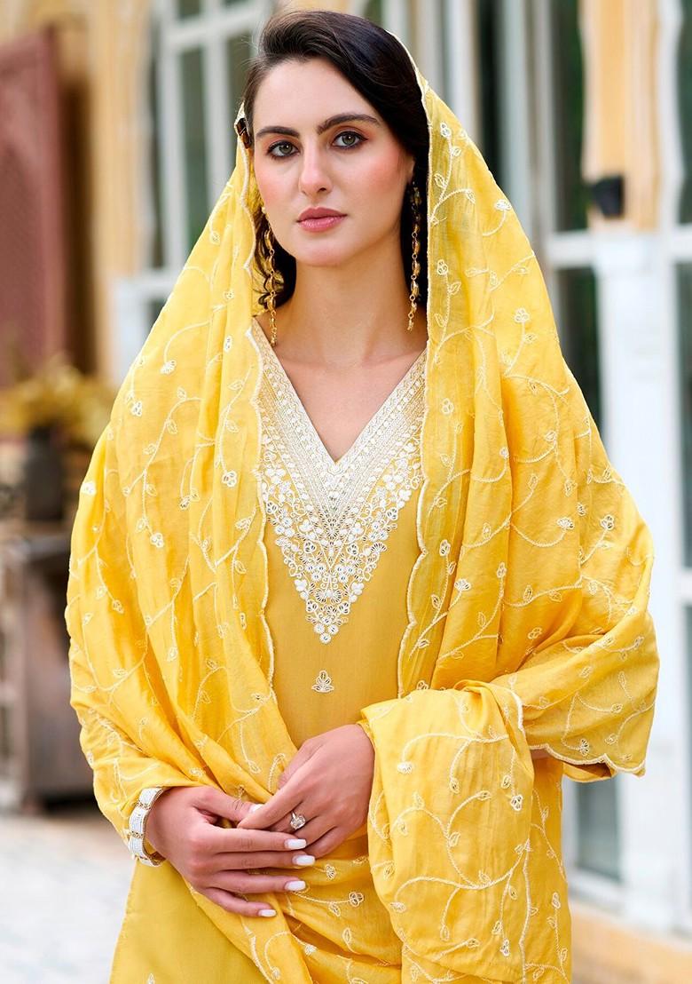 Yellow Floral Embroidered Poly Blend Kurta Set