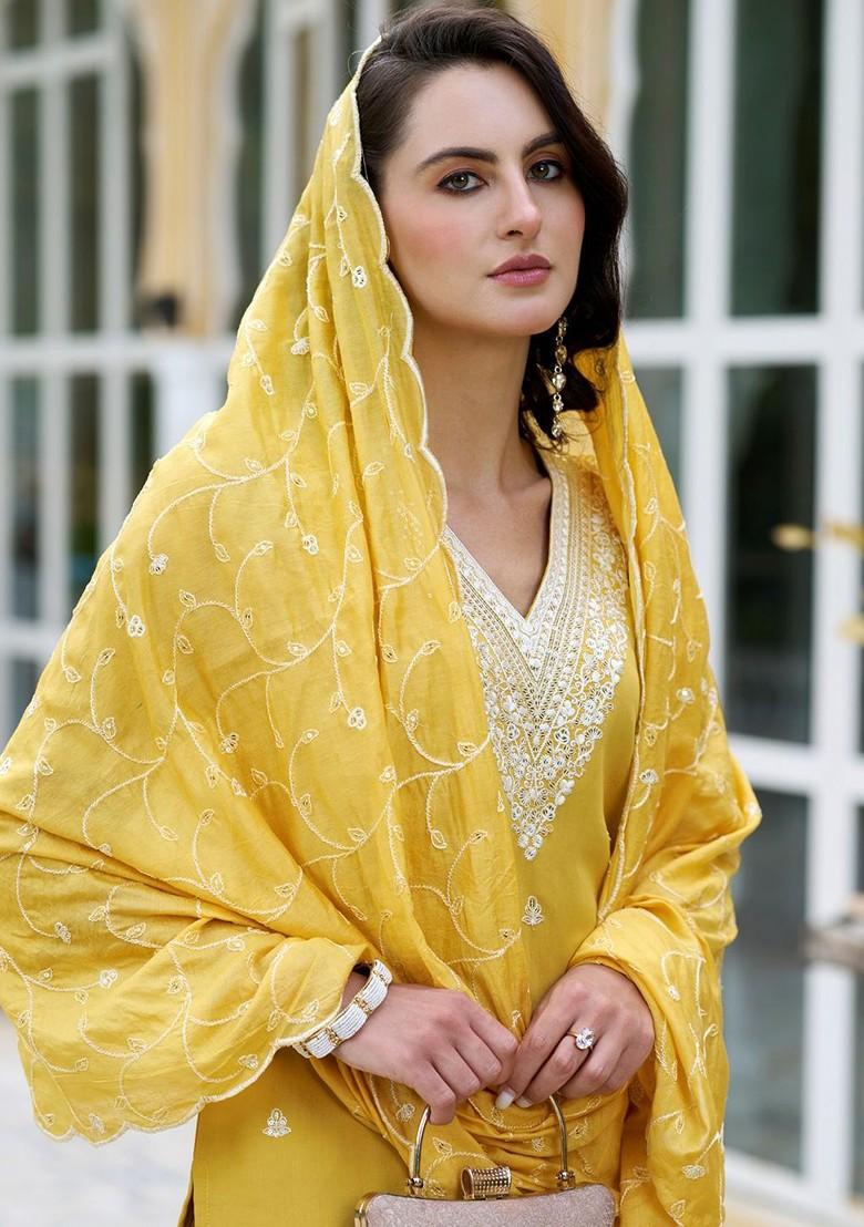 Yellow Floral Embroidered Poly Blend Kurta Set