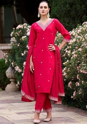 Pink Ethnic Motifs Embroidery Poly Blend Kurta Set
