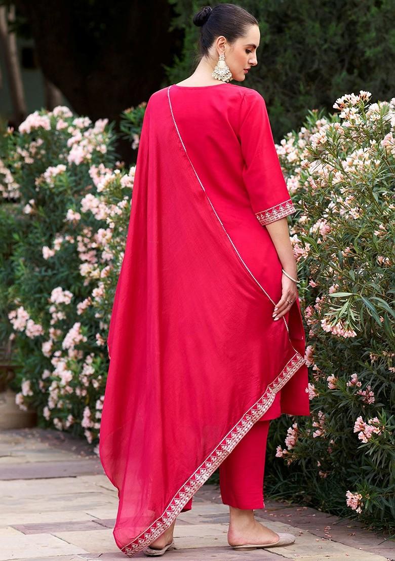 Pink Ethnic Motifs Embroidery Poly Blend Kurta Set