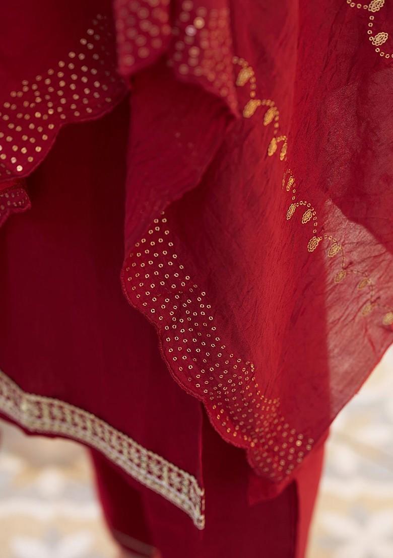 Maroon Floral Embroidered Poly Blend Kurta Set