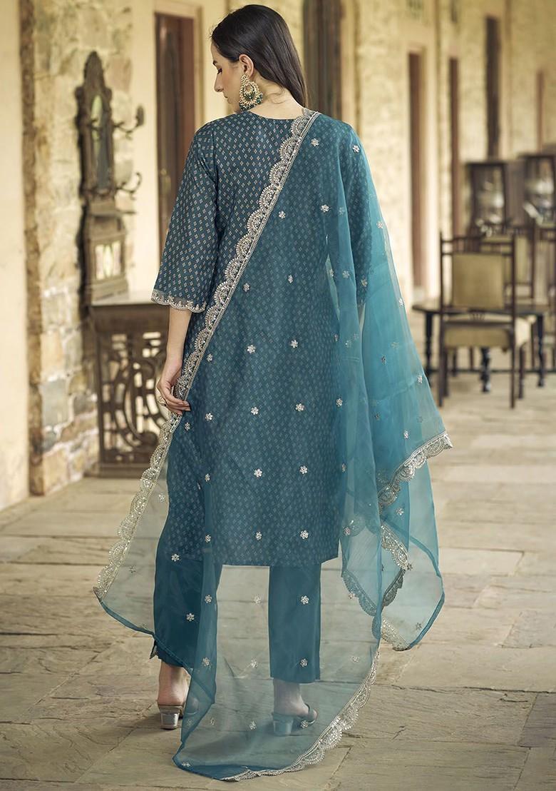 Teal Zari Embroidered Poly Blend Kurta Set