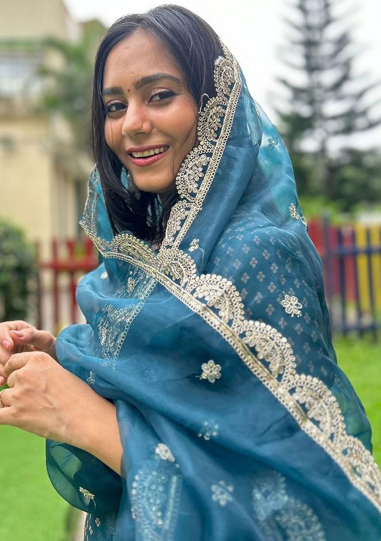 Teal Zari Embroidered Poly Blend Kurta Set