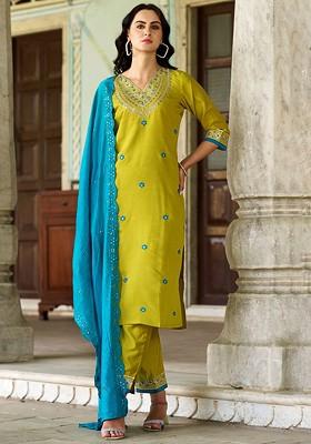 Yellow Floral Embroidered Poly Blend Kurta Set
