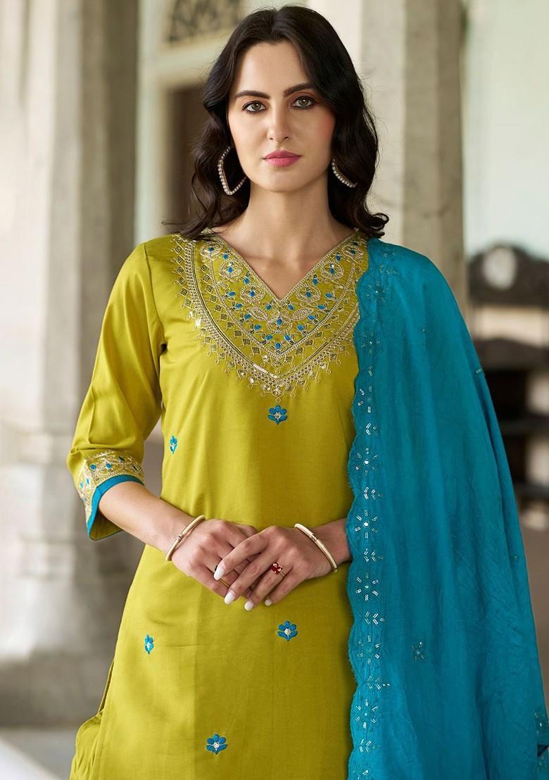 Yellow Floral Embroidered Poly Blend Kurta Set