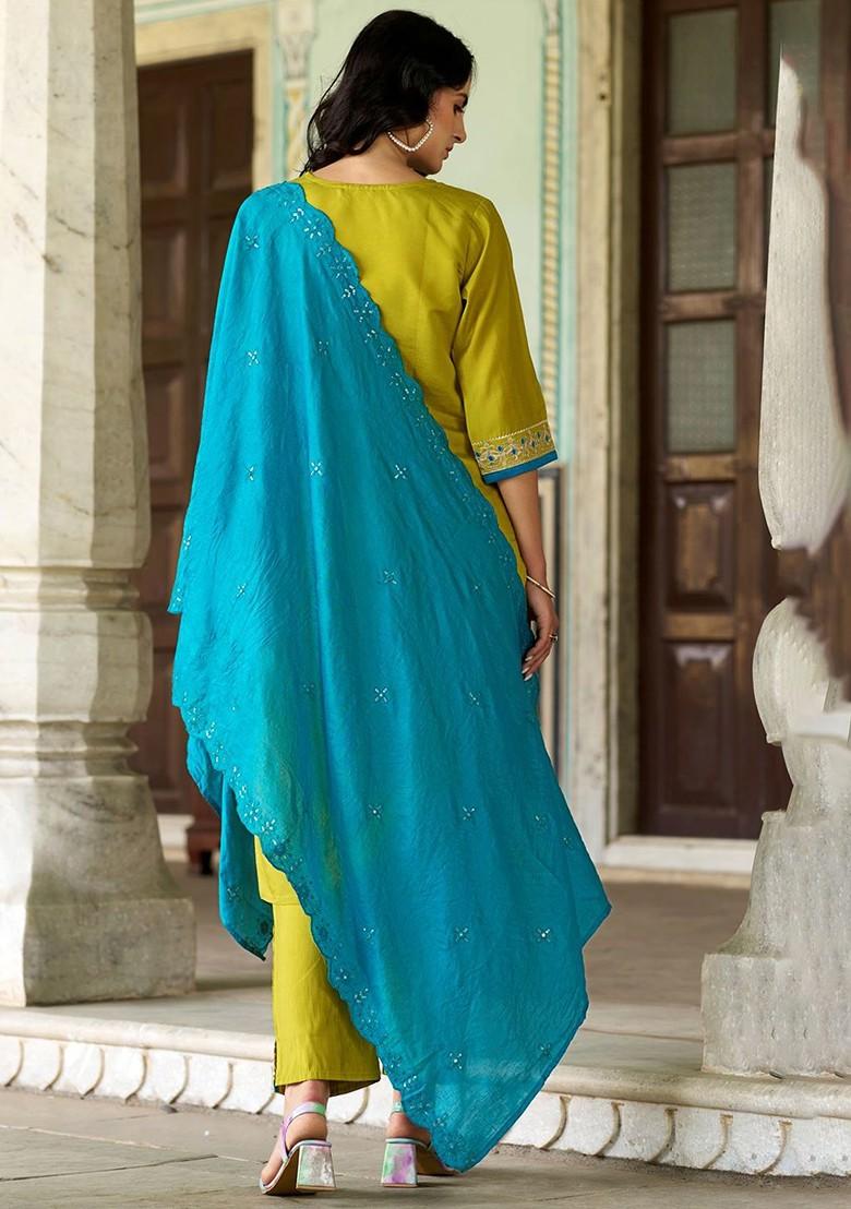 Yellow Floral Embroidered Poly Blend Kurta Set