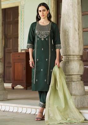 Green Floral Embroidered Poly Blend Kurta Set