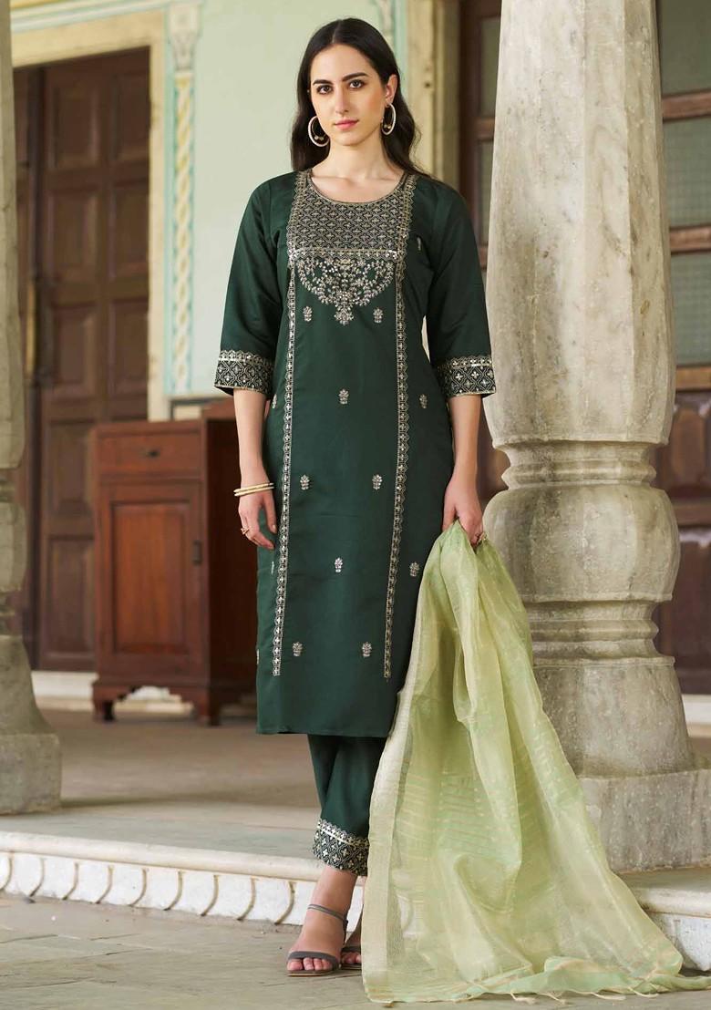 Green Floral Embroidered Poly Blend Kurta Set