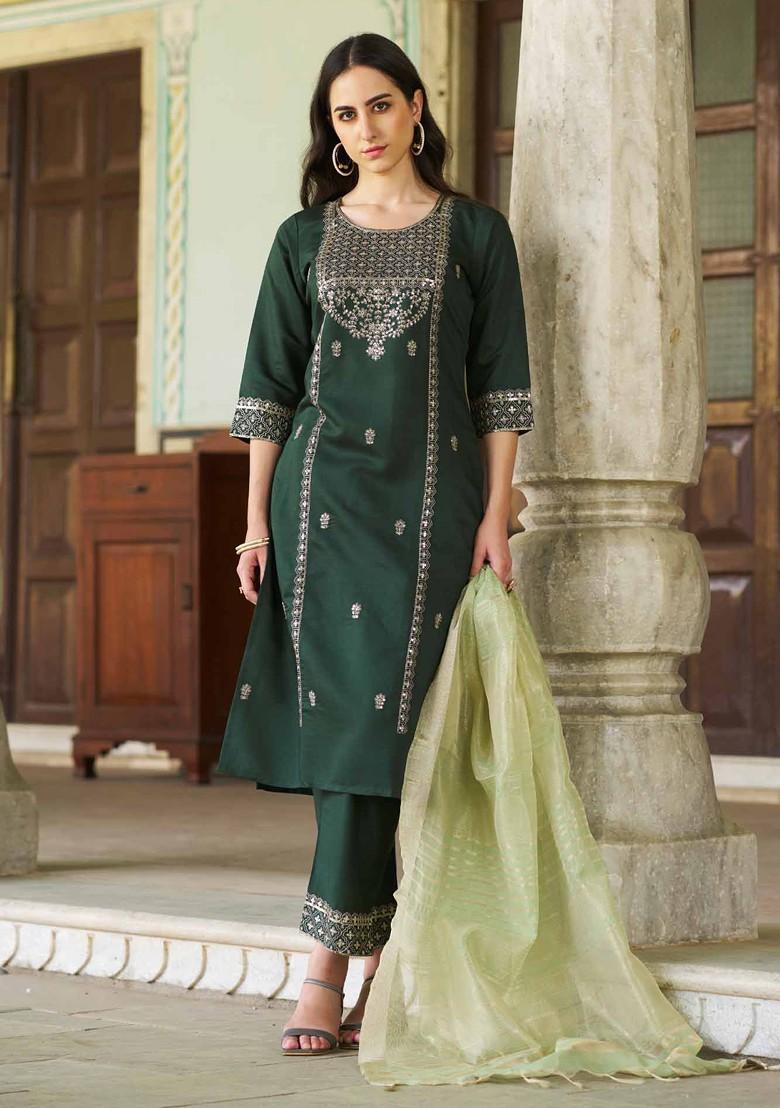 Green Floral Embroidered Poly Blend Kurta Set