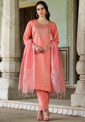 Peach Floral Embroidered Poly Blend Kurta Set