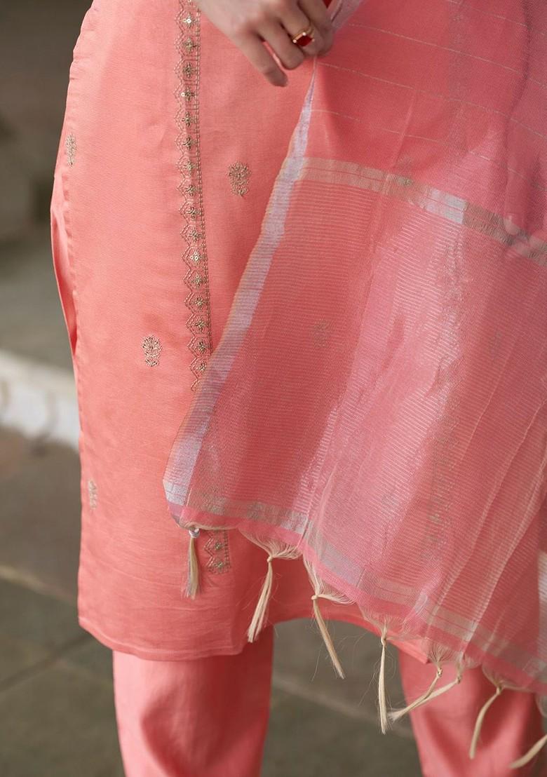 Peach Floral Embroidered Poly Blend Kurta Set