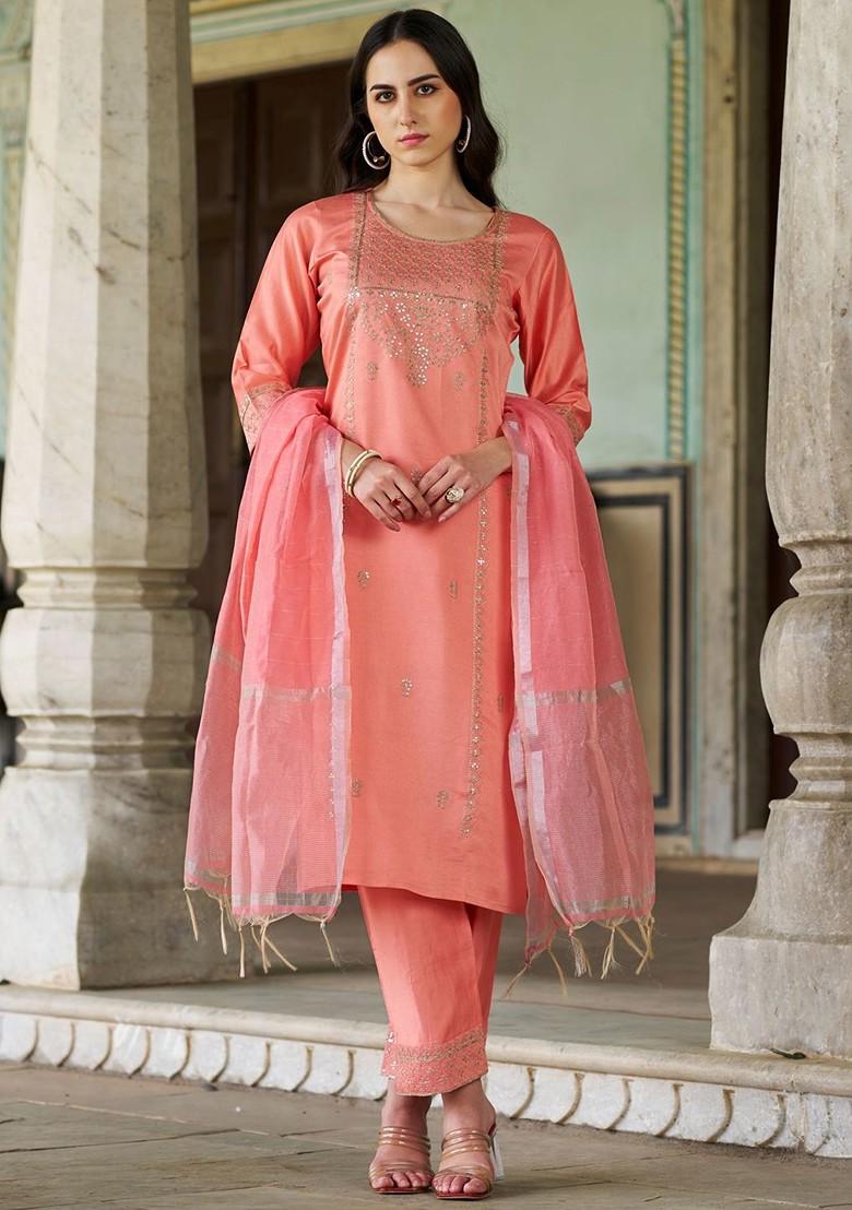 Peach Floral Embroidered Poly Blend Kurta Set