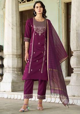 Purple Floral Embroidered Poly Blend Kurta Set