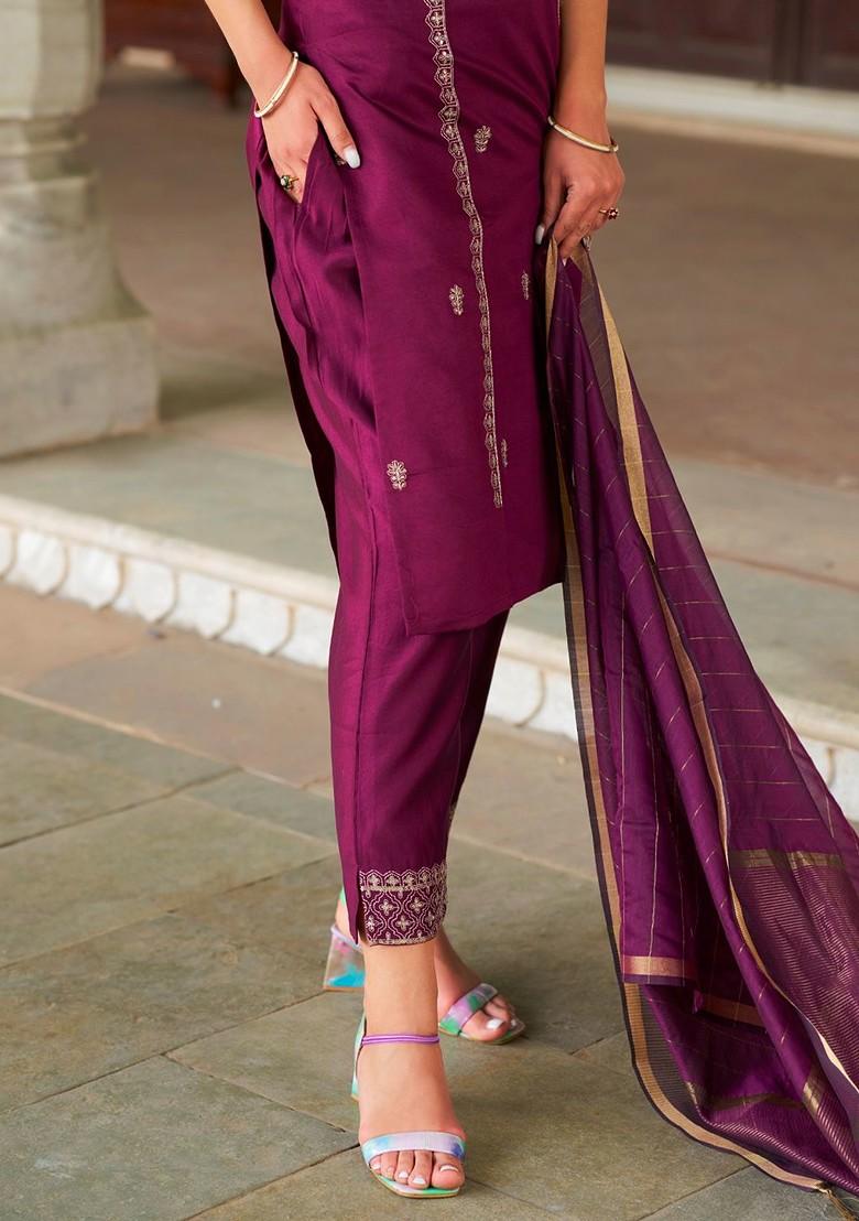 Purple Floral Embroidered Poly Blend Kurta Set