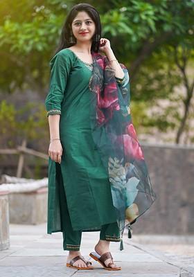 Green Ethnic Motifs Embroidery Poly Blend Kurta Set
