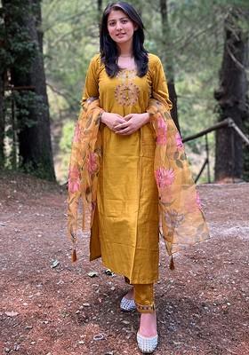 Mustard Floral Embroidered Silk Kurta Set