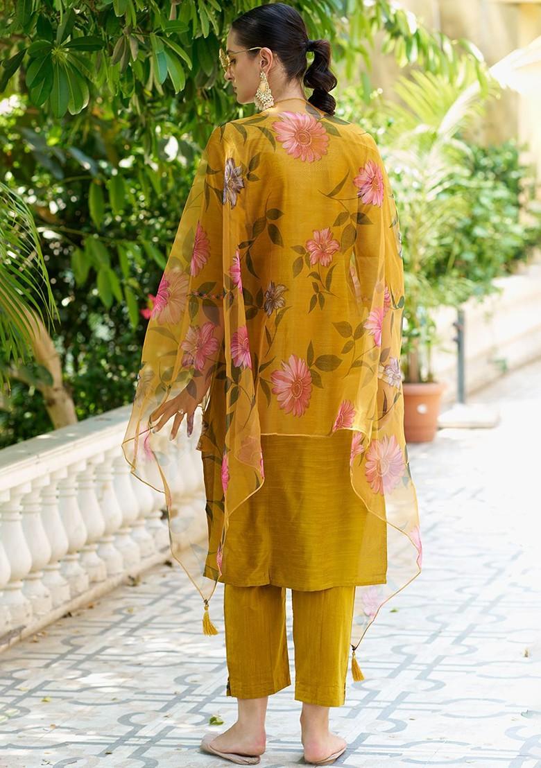 Mustard Floral Embroidered Silk Kurta Set