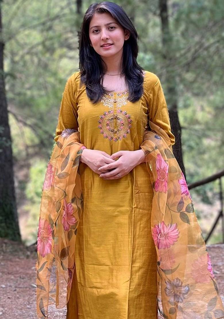 Mustard Floral Embroidered Silk Kurta Set