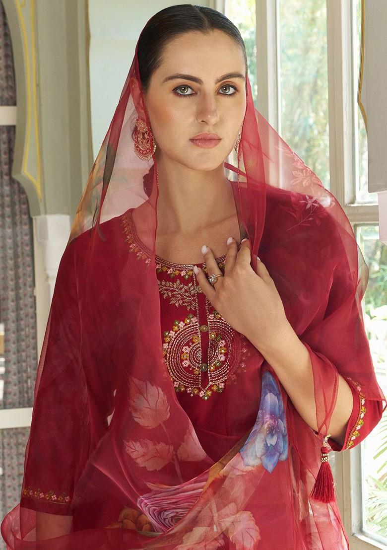 Maroon Ethnic Motifs Embroidery Poly Blend Kurta Set