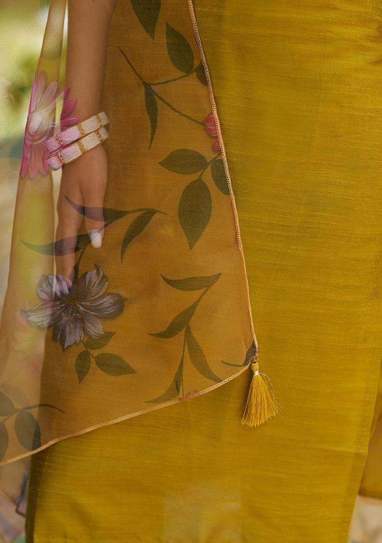 Mustard Embroidered Poly Blend Kurta Set