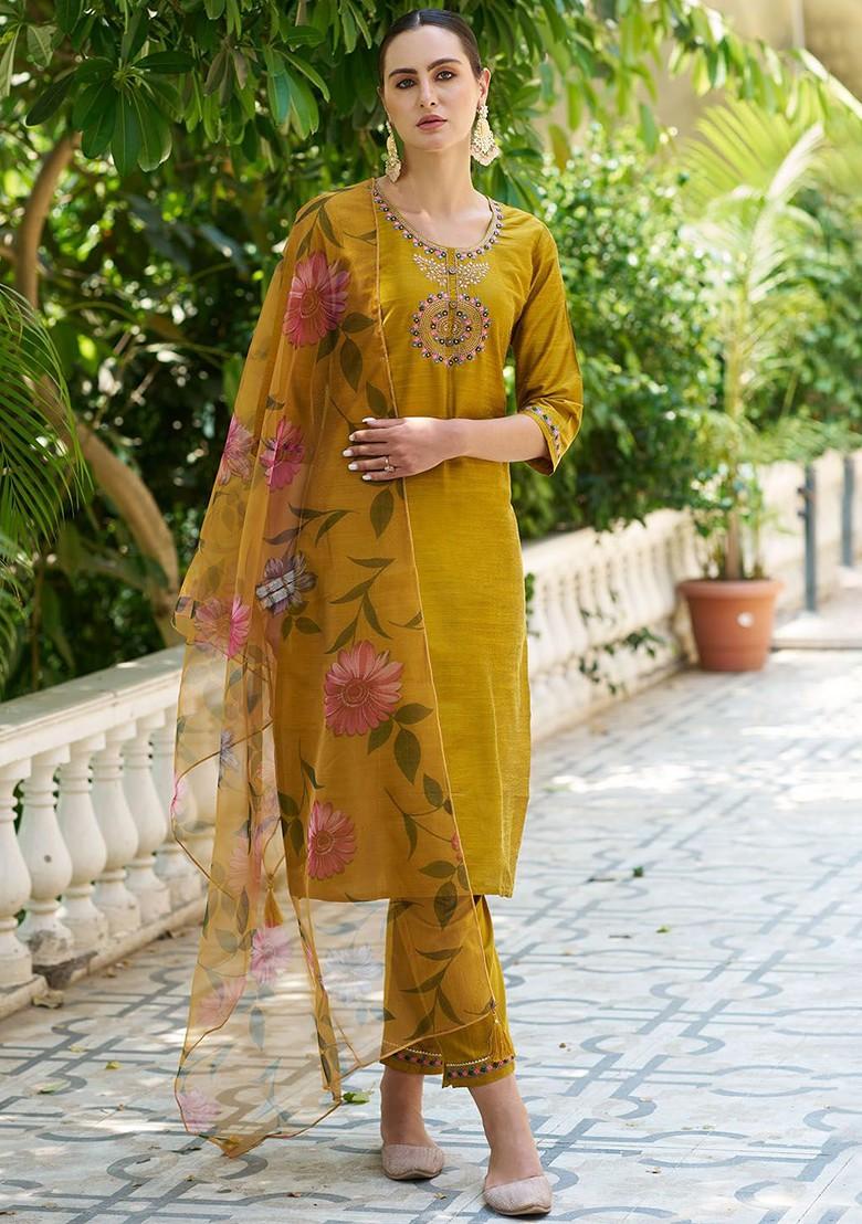 Mustard Embroidered Poly Blend Kurta Set