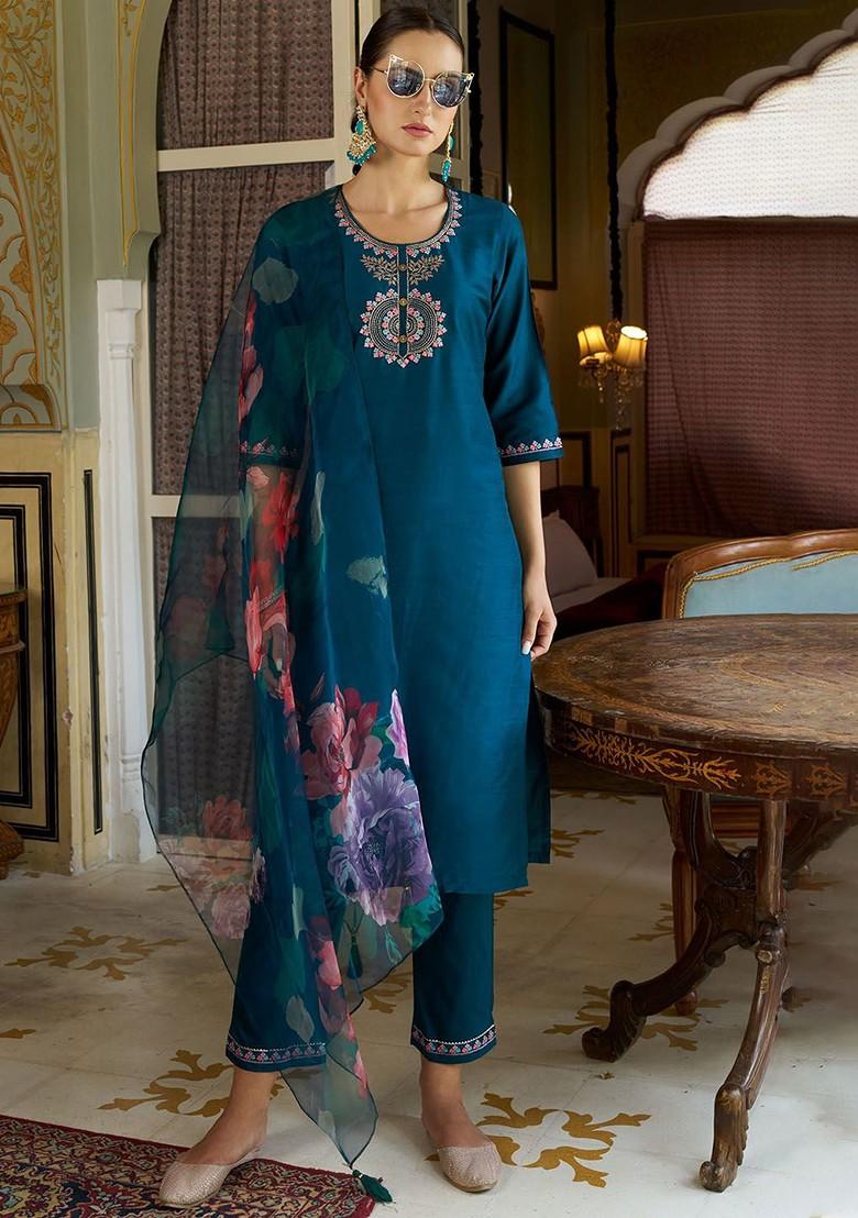 Teal Printed Poly Blend Kurta Set