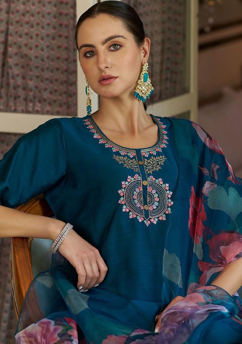 Teal Printed Poly Blend Kurta Set