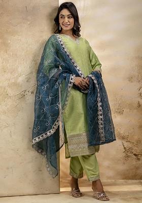 Green Ethnic Motifs Embroidery Poly Blend Kurta Set