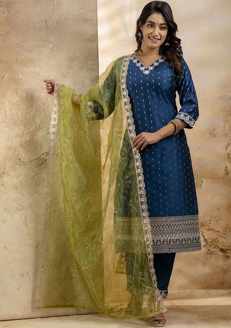 Teal Ethnic Motifs Embroidery Poly Blend Kurta Set