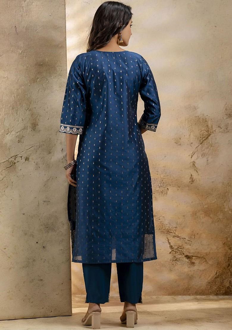 Teal Ethnic Motifs Embroidery Poly Blend Kurta Set