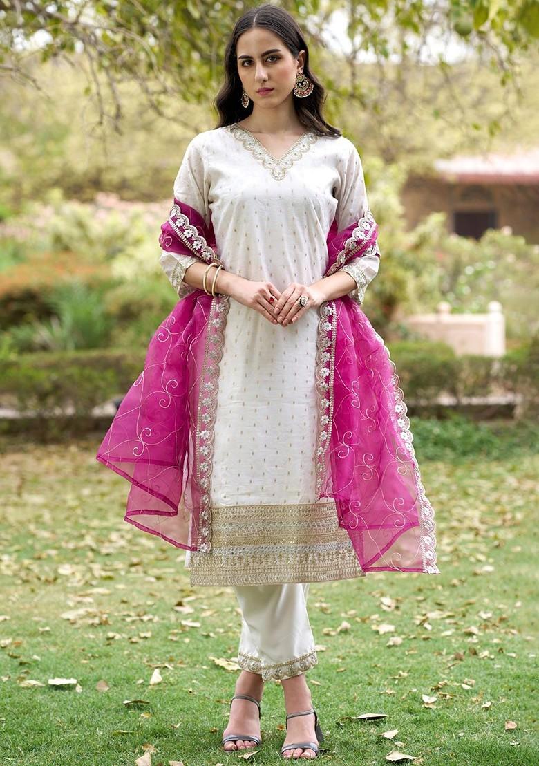 White Floral Embroidered Poly Blend Kurta Set