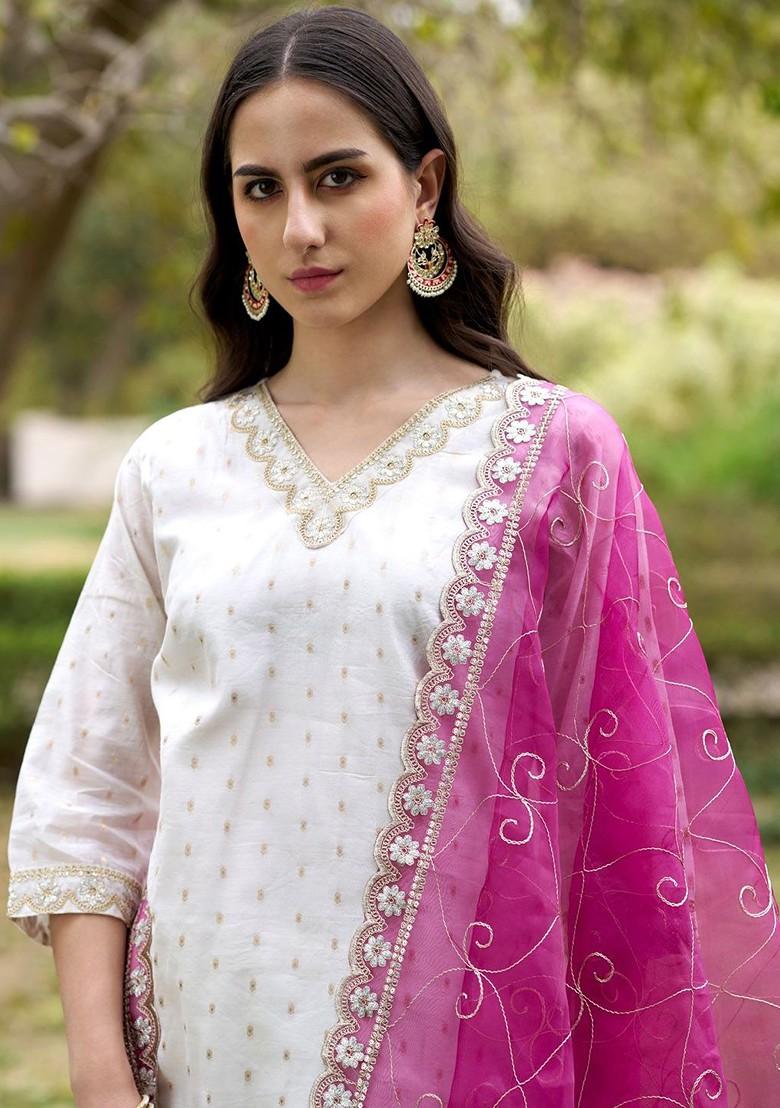 White Floral Embroidered Poly Blend Kurta Set