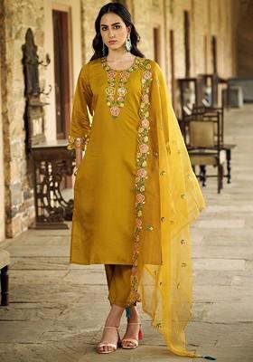 Mustard Floral Embroidered Poly Blend Kurta Set
