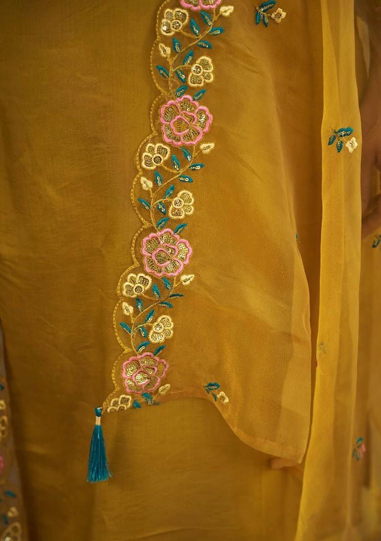 Mustard Floral Embroidered Poly Blend Kurta Set