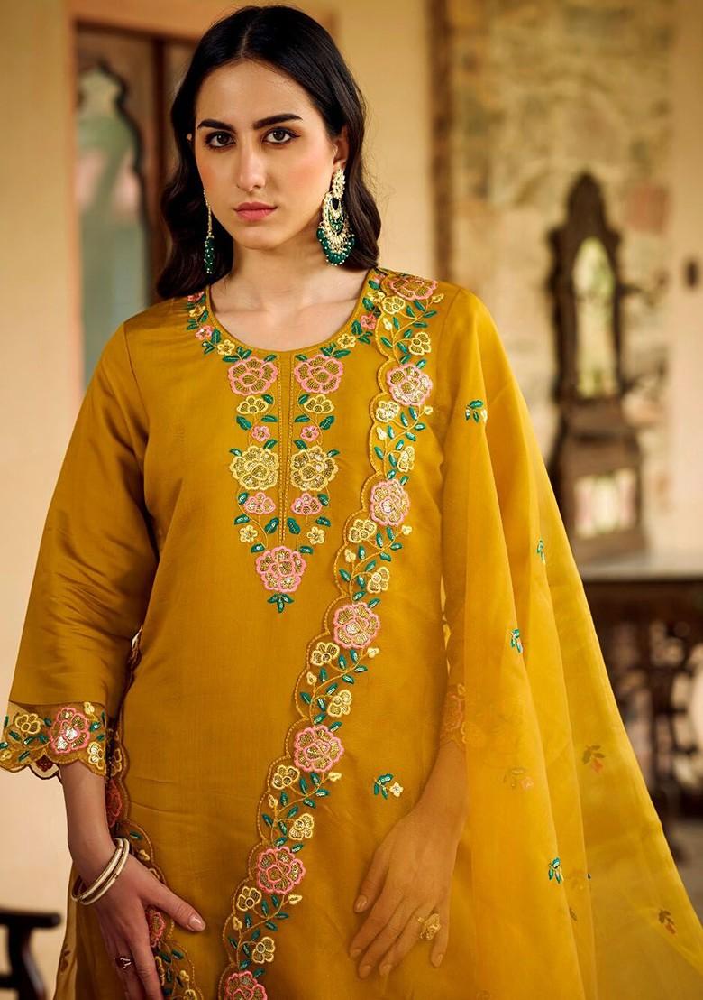 Mustard Floral Embroidered Poly Blend Kurta Set
